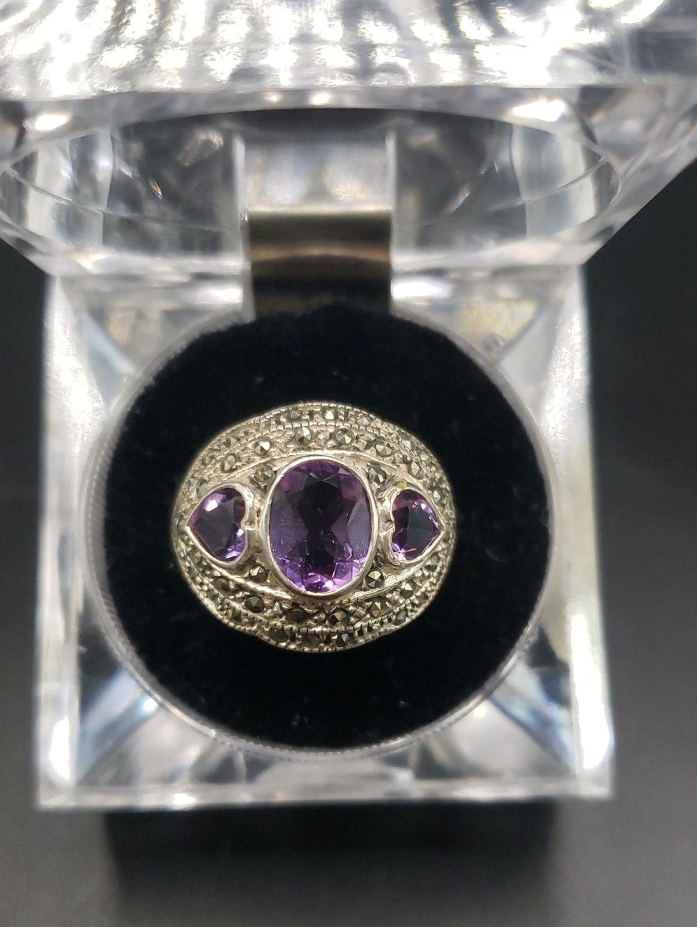 Sterling Silver Amethyst Trio Stone Marcasite Statement Ring, Size 9